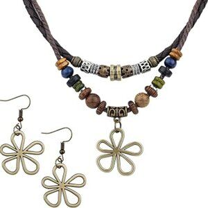 Boho Hippie Necklace Multi Layer Wood Bead Necklace with Flower Earrings Set